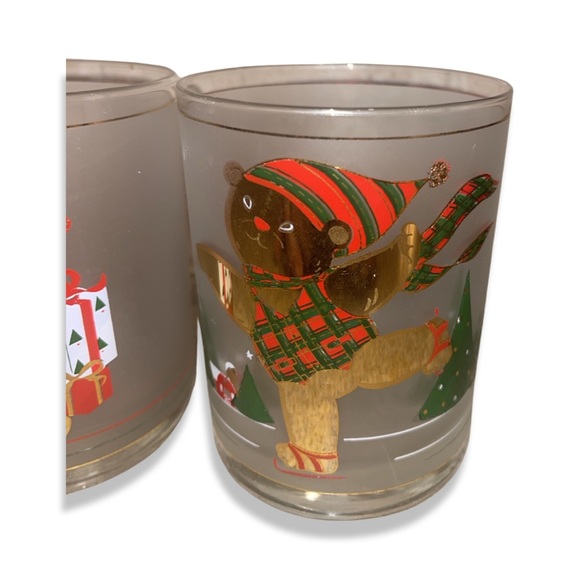 Culver Rocks Set of 4 Christmas Bear: High Ball Glasses: Frosted: 22 KT Gold Rim - Picture 2 of 8